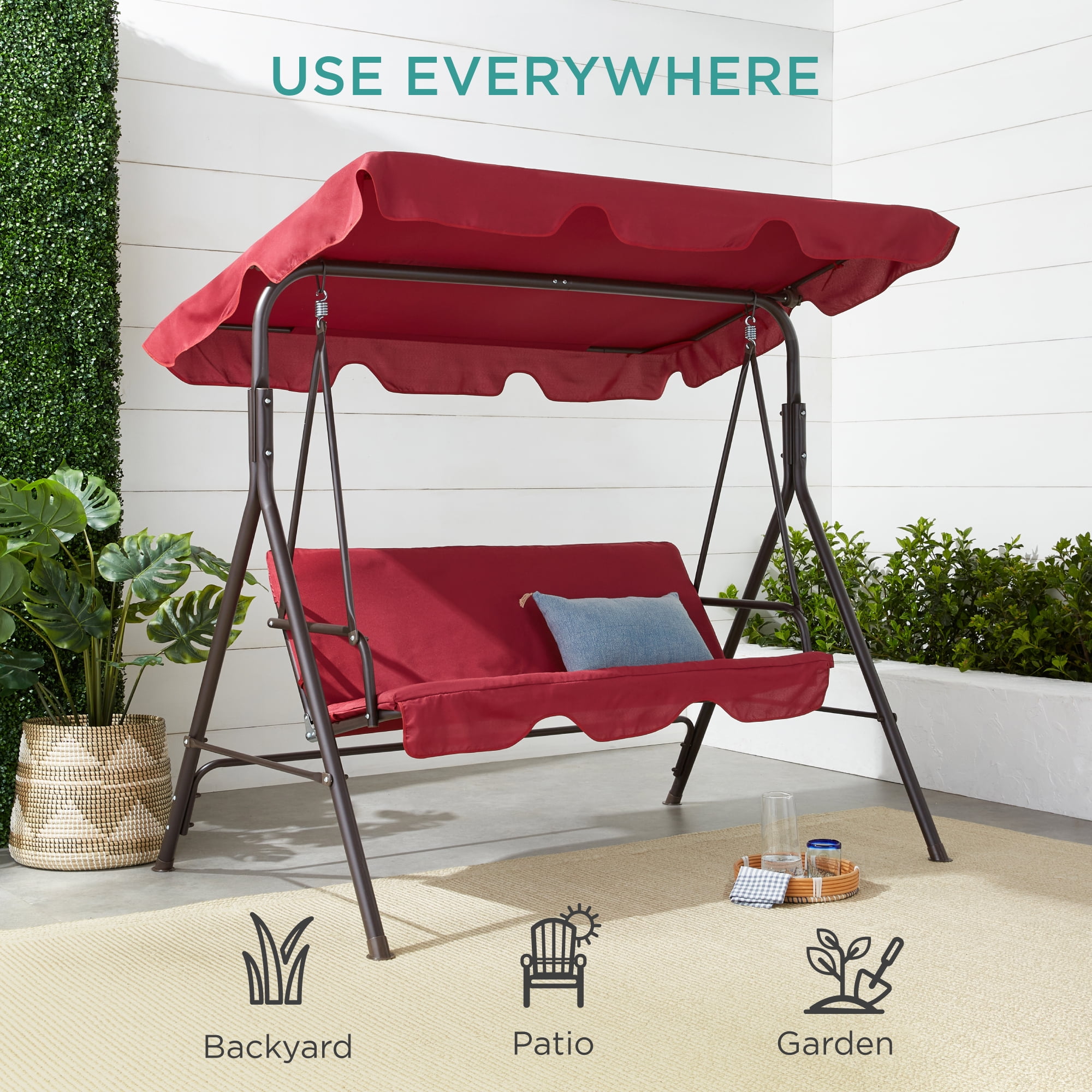 Best Choice Products 2-Person Outdoor Convertible Canopy Swing Glider Lounge Chair w/ Removable Cushions - Burgundy