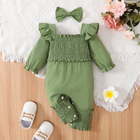 

NIUREDLTD Girls Long Sleeve Solid Ruffles Romper Jumpsuit Headbands Set