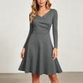thumbnail image 5 of XPMWRP Women's V Neck Long Sleeve Ruched Waist Flared Mini Dress Casual Office Skater Swing Dress Dark Gray M, 5 of 9