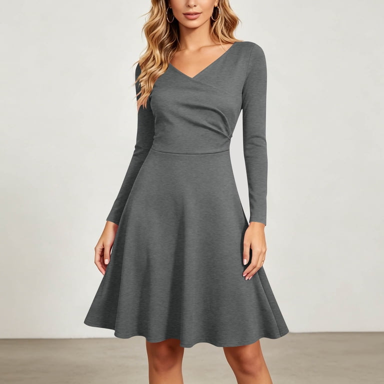 Efsteb Women's V-Neck Long Sleeve Skater Dress Elastic Waist A-Line Mini Dress for Fall Winter Casual Daily Work (Dark Gray,XL)