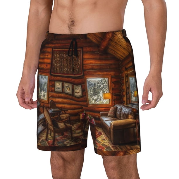 Fotbe Log Cabin Inside Traje de Baño para Hombre – Shorts de Natación de Secado Rápido con Forro y Bolsillos-XX-Large