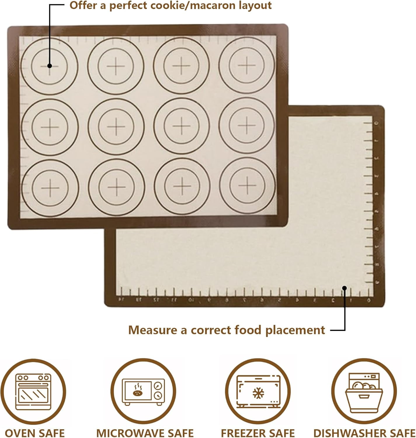 Macaron Silicone Baking Mats Set: 3 Pack Non-Stick Silicone Baking Mat - Heat Resistant, Reusable Baking Sheet Cookie Oven Liner for Macaroons, Bake Pans, Pizza, Toaster (Brown)