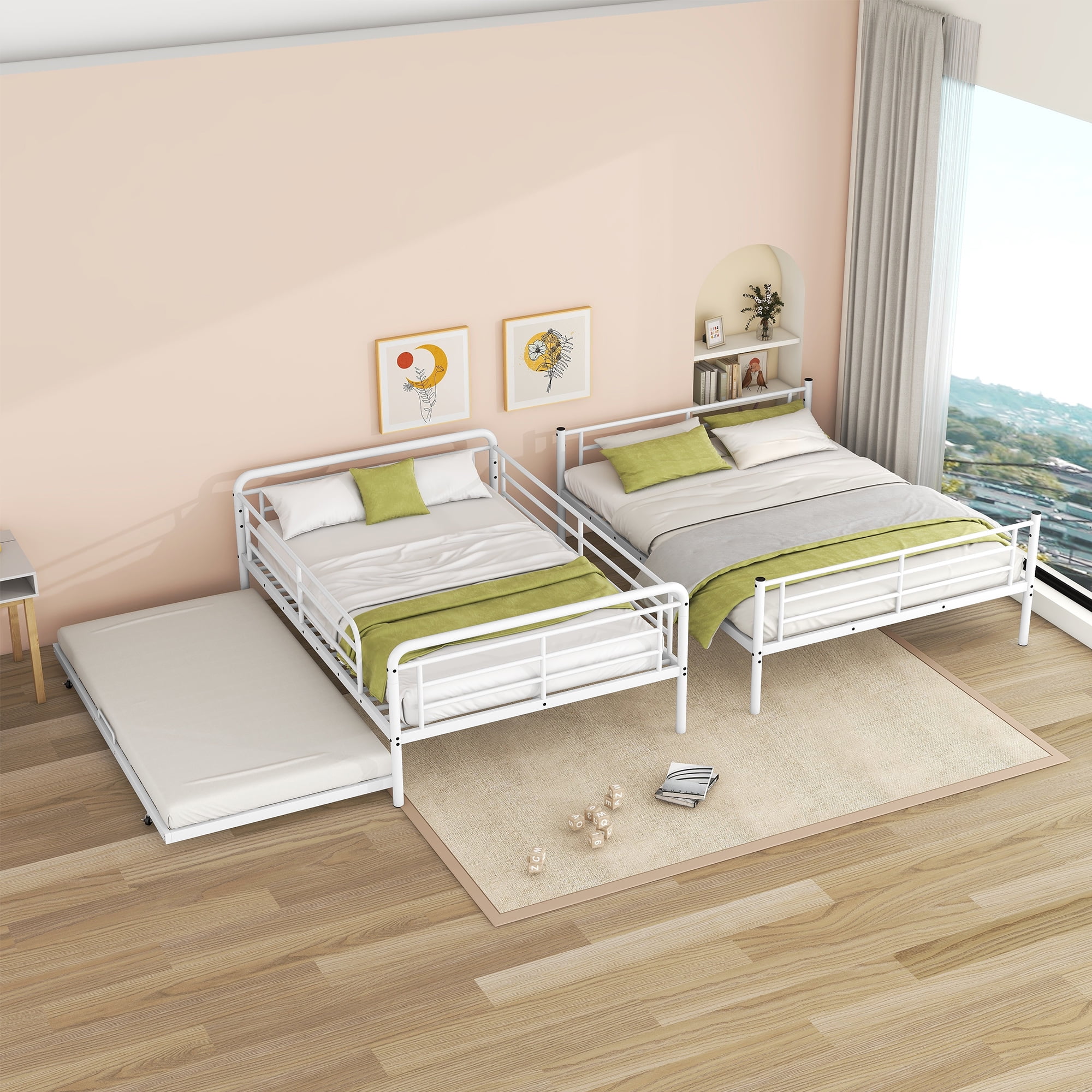 Aukfa Full XL over Queen Metal Bunk Bed with Trundle Bed for Teens, Adults, Dorm, White