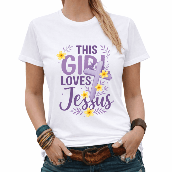 This Girl Loves Jesus Christian Cross Floral Graphic Tees Womans Tshirt Shirts Black/White S-5XL Tops