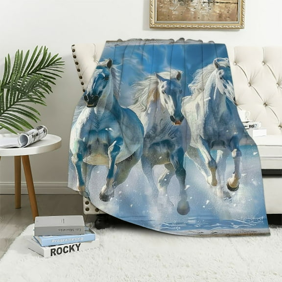 BCIIG White Horses Snow Warm Lightweight Blanket Soft Fleece Blankets for All Seasons, Throw Blanket Living Rooms Sofa Decor Cow Gifts, Exquisite Gifts for All Seasons 40x50in