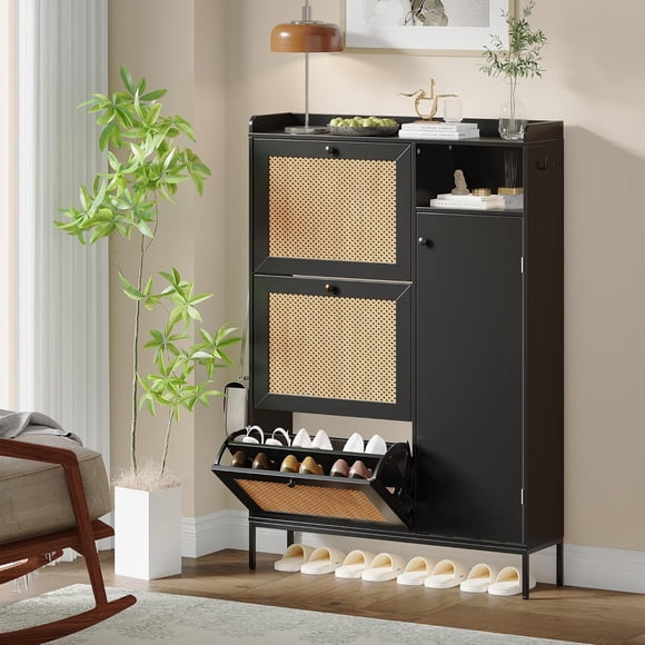 Bingirl GAOMON Armoire à Chaussures en Rotin pour Entrée : Étagère à Chaussures en Bois Dissimulée avec 3 Tiroirs Basculants, Organisateur Étroit Autoportant pour Couloir, Facile à Assembler