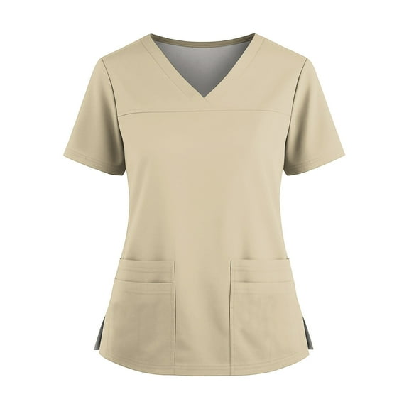 Nurse Scrubs, Women'S Plus Size Scrubs Tops V Neck Short Sleeve Work Uniform With Side Slit & Pocket-Soft Stretchy Healthcare Scrub Top For Women Set Scrubs Suit Tops Costume (S, Beige) ZMTing