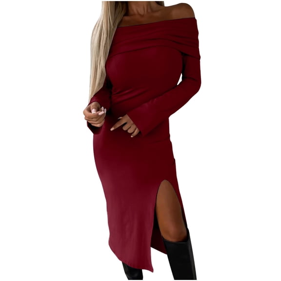 WRKEKC Fall Dresses for Women Solid Color Off Shoulder Long Sleeve Maxi Dress for Fall Winter Side Slit Loose Fit with Elastic Neckline and Back Zip