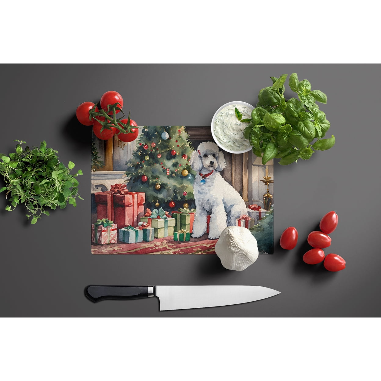 Poodle Cozy Christmas Glass Cutting Board Large 12 in x 15 in