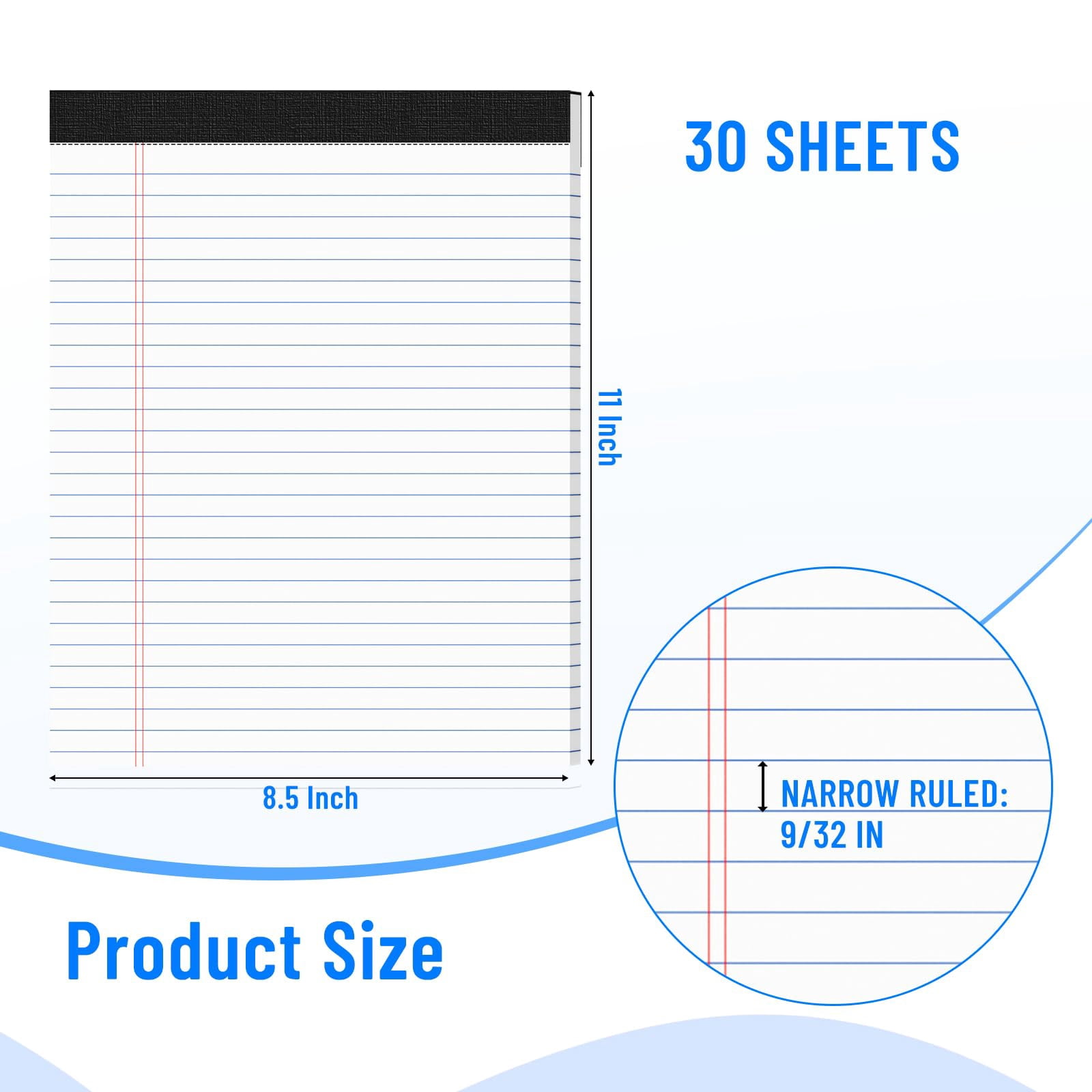 12pcs Legal Pads 8.5 X 11  Notepads 8.5 11 College Ruled Notebook Writing Of Paper White Note Memo Pad Papers Perforate Narrow Line 30 Sheets/pack