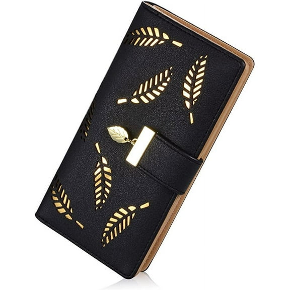 Nvzi Women's Long Leaf Bifold Wallet Leather Card Holder Purse Zipper Buckle Elegant Clutch Wallet Handbag