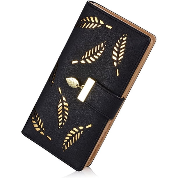 Nvzi Cartera de cuero con hojas largas y doble pliegue, tarjetero, monedero con cremallera y hebilla, elegante cartera de mano