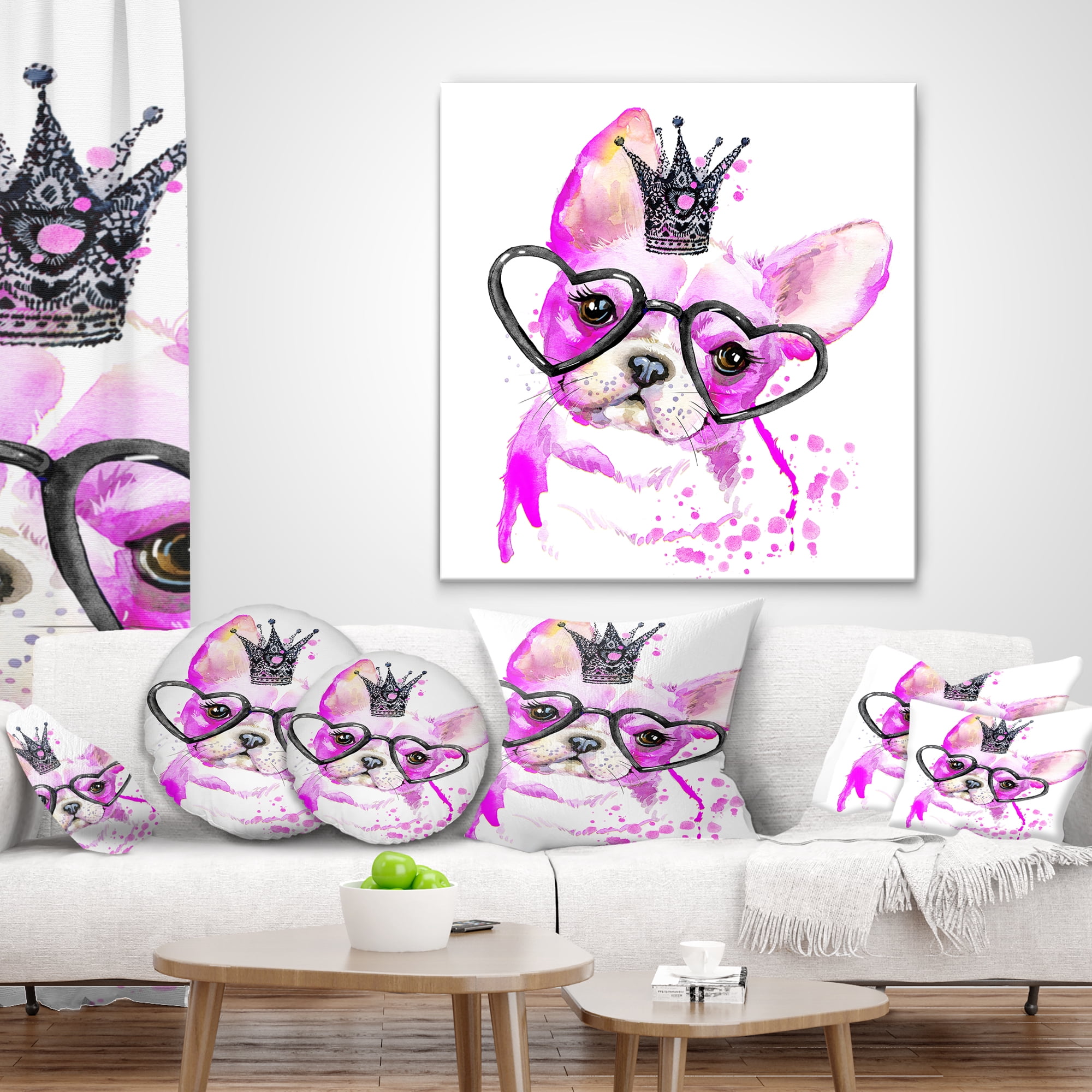 Designart Cute Pink Dog with Heart Glasses - Contemporary Animal Throw Pillow - 18x18