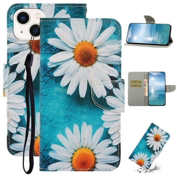 SaniMore for iPhone 15 Plus Wallet Case, Painted PU Leather for Women Men with Wrist Strap Magnetic Clasp Card Slots All-around Protective Shockproof Anti-fall Stylish Stand Shell, A-Chrysanthemum