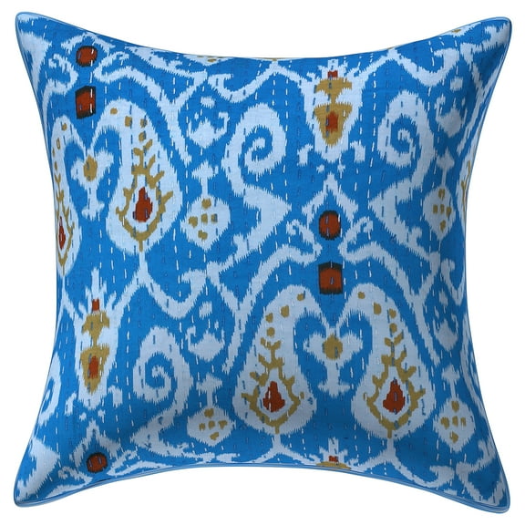Stylo Culture Ethnic Couch Throw Pillow Cover 16x16 Kantha Blue Printed 40cm x 40cm Living Room Decor Cotton Ikat Square Cushion Cover | 1 Pc