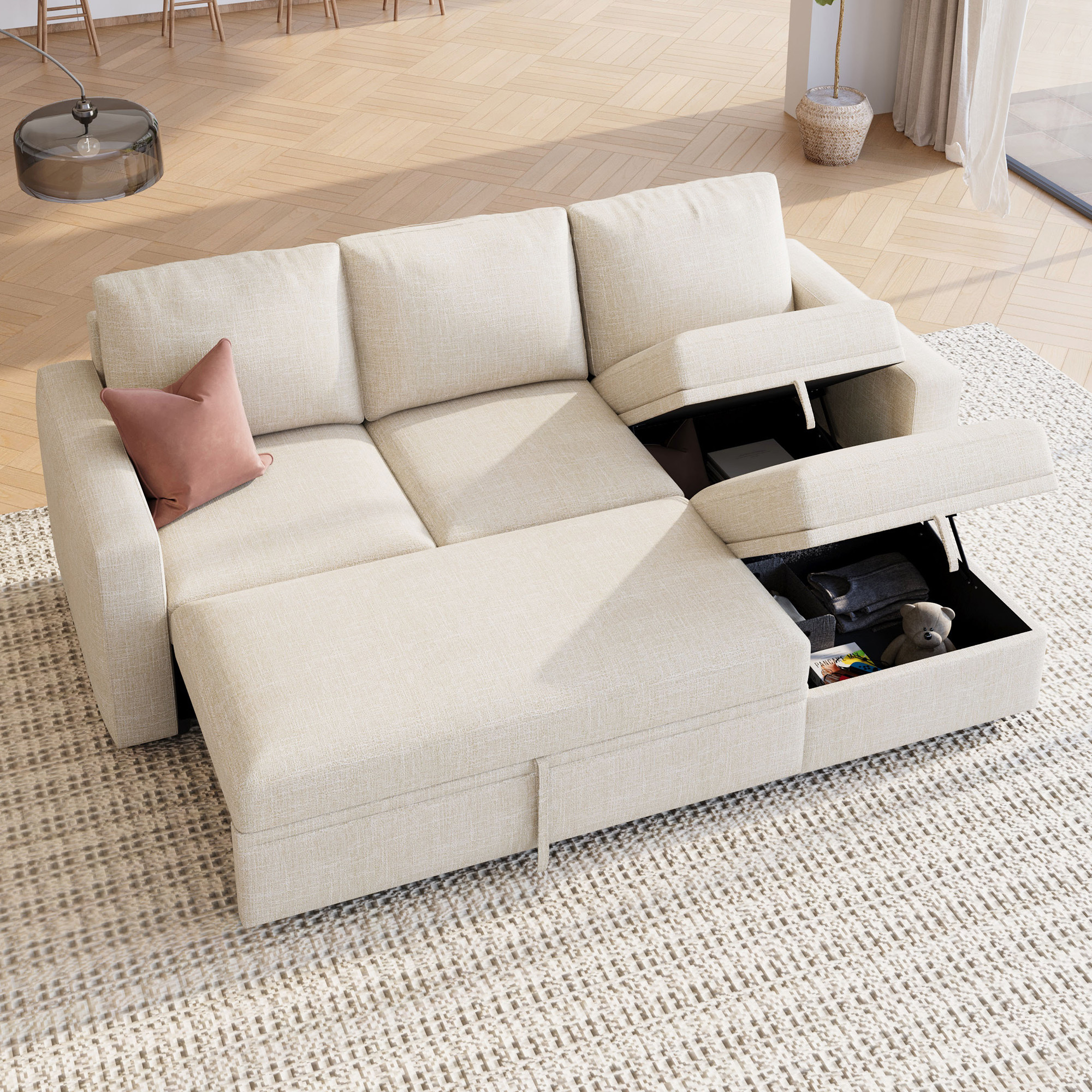 HONBAY 79" Reversible 3 Seat Beige Compact L Shaped Sectional Sleeper Sofa with Pull Out Bed and Storage, Breathable Linen