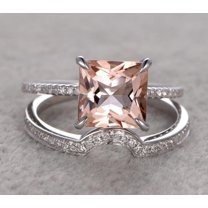 2.25 Carat Peach Pink Morganite (6mm Princess Cut Morganite) Diamond Moissanite Engagement Ring Wedding Bridal Set in 10k White Gold