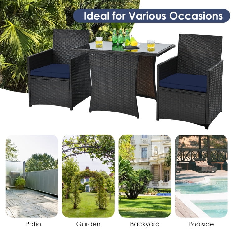 Aimee Lii 3 Pieces Wicker Patio Furniture Set with Cushion and Sofa Armrest, Small Patio Set, Navy Aimee Lii 3 Pieces Wicker Patio Furniture Set with Cushion and Sofa Armrest, Small Patio Set, Navy