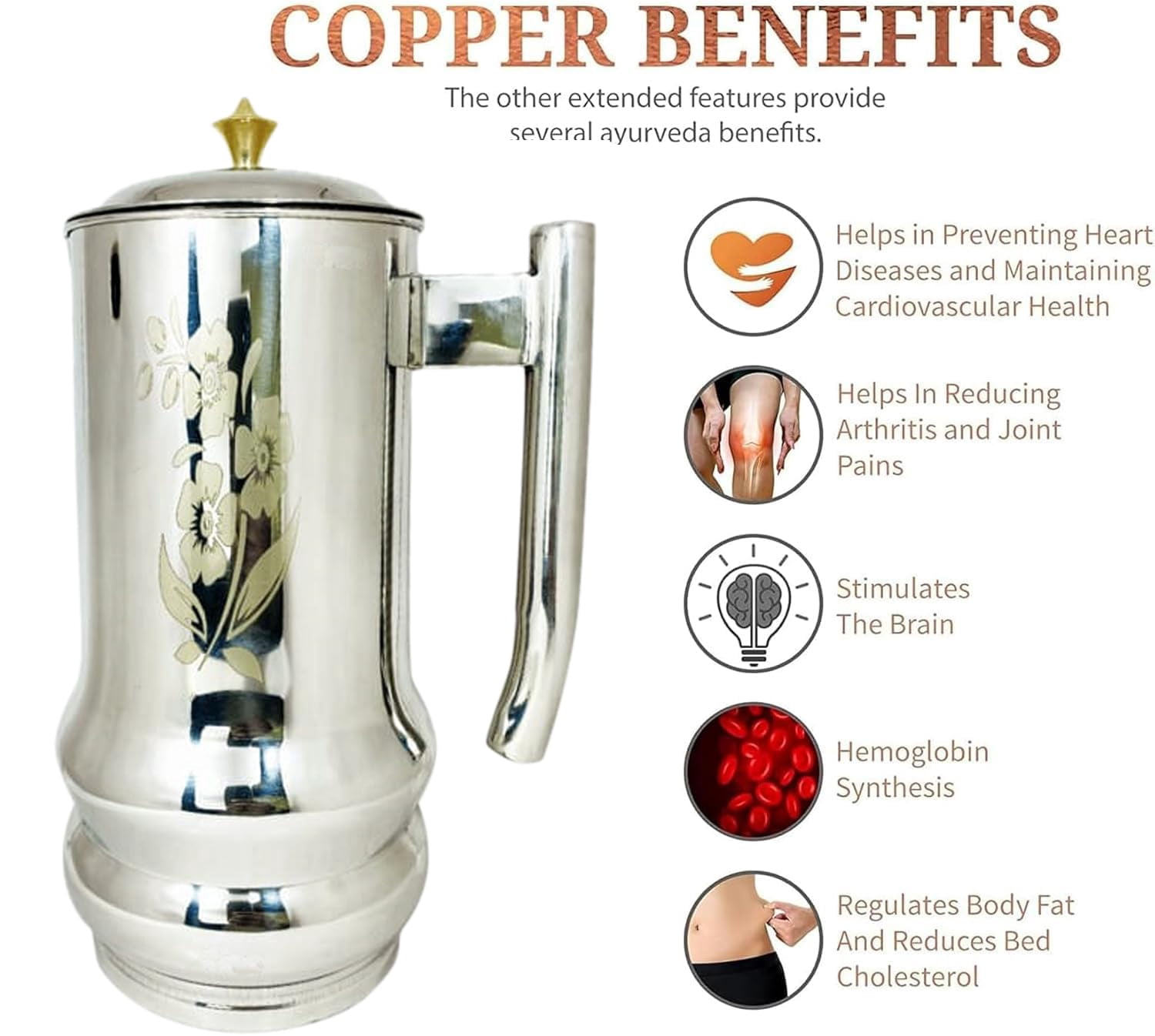 IMTRA FASHION Pure Copper and Stainless Steel Water Jug 50.7 Fl Oz Laser Print Pitcher With Lid for Drinking