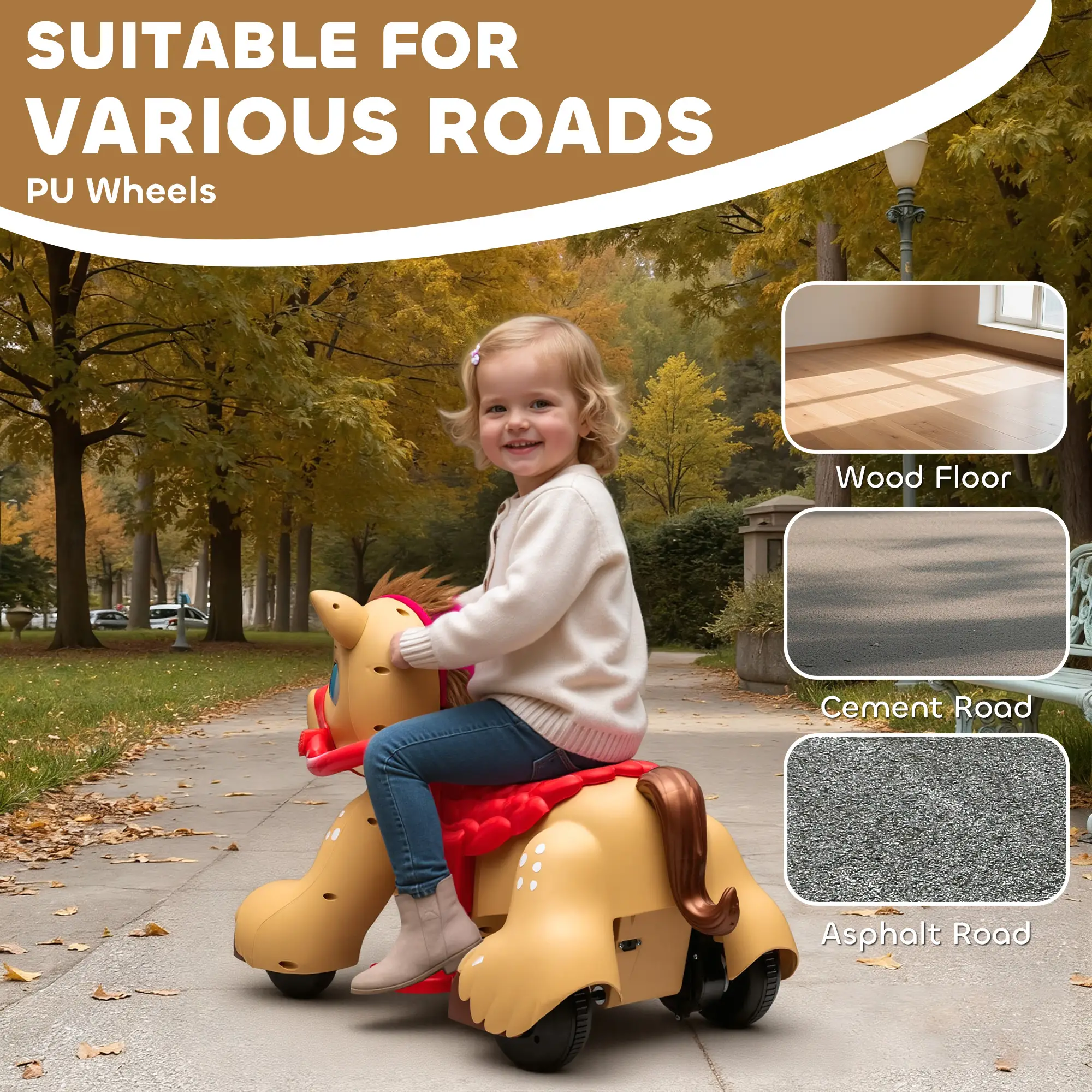 Kids Ride on Toy with Sounds and Lights, 12V Battery 50 Mins Ride on Toy with Reins Comb Carrot, Safe Stable Ride on Toy for 18-36 Months Indoor Outdoor Play