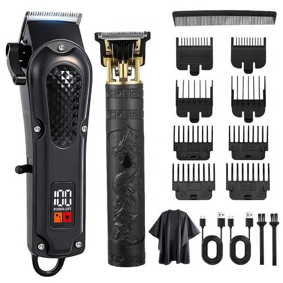 Men's Professional Hair Clipper Set - T-Shaped 0.1mm Zero-Gap Blade, 4-Speed Motor, LED Display, 1800mAh 3H Cordless, 8 Guide Combs, Universal for Home/Barbershop/Gifting