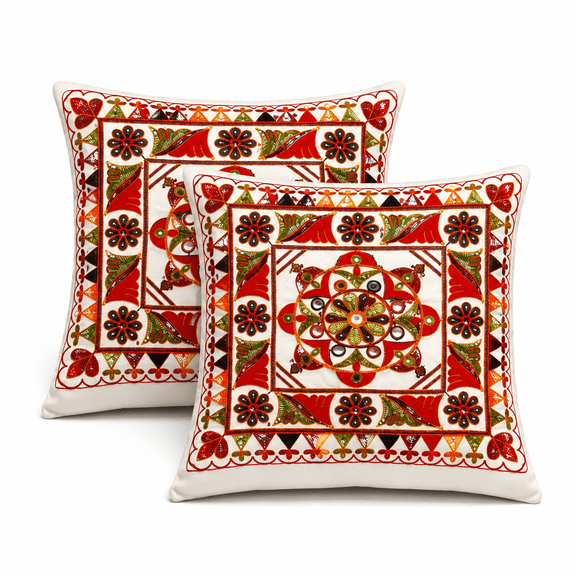 Uttam Fashion Ethnic Embroidered Decorative Cushion Covers for Sofa, Couch, Bed and Living Room Décor, Square Throw Pillow Covers, Pack of 2