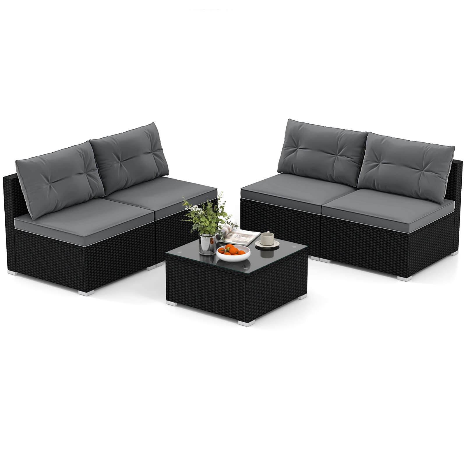 Costway 5 Piece Outdoor Furniture Set with Seat & Back Cushions  Tempered Glass Tabletop Gray