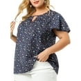 thumbnail image 5 of MODA NOVA Juniors Plus Size Floral Keyhole Flared Short Sleeve Chiffon Blouse Navy Blue 2X, 5 of 7