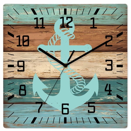 Turquoise Anchor Wooden Wall Clock Silent Non Ticking, Nautical Brown Green Retro Wood Grain Square Wall Clocks Battery Operated, Decor Clock for Home Office, Living Room, Kitchen, 10 Inch
