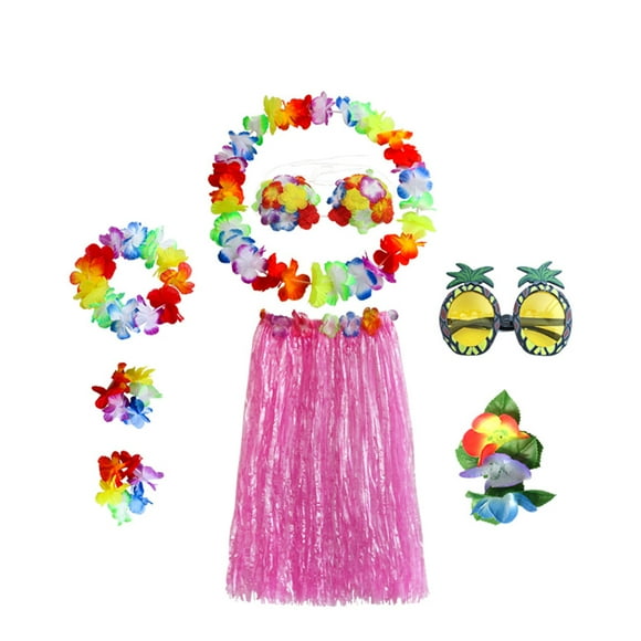 Miangastore 8PCS Hawaiian Luau Outfits for Women Hula Grass Skirt Set Plastic for Tropical Events