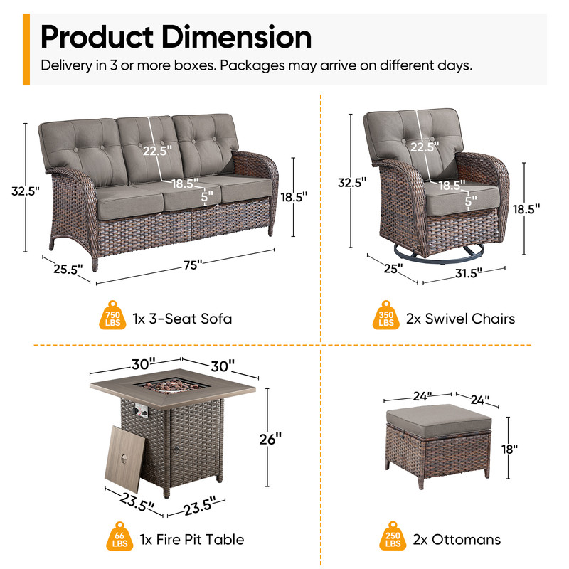 PARKWELL 6-Piece Outdoor Furniture Set with 30-Inch Propane Firepit - Rattan Cushioned Sofa and Wicker Swivel Glider Chairs,Outdoor Seating for Backyard Gatherings, Brown/Gray