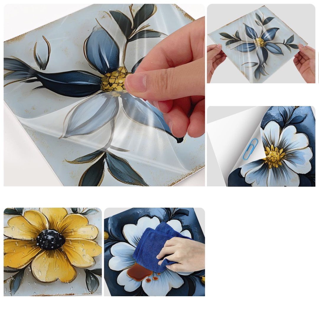 30Sheets Tile Wall Sticker Kitchen Backsplash 7.87"x7.87" Waterproof Removable DIY Flowers Decals Peel and Stick PVC Tiles