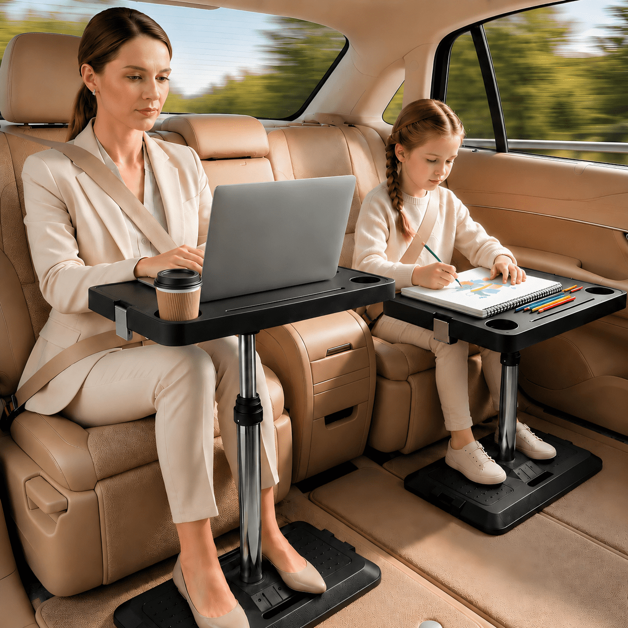 Qunbio Car Desk for Laptop, Portable Car Desk Passenger Seat with Cup Holder & Anti-Slip Base, Adjustable Car Table for Front/Rear, Travel, Work & Eating