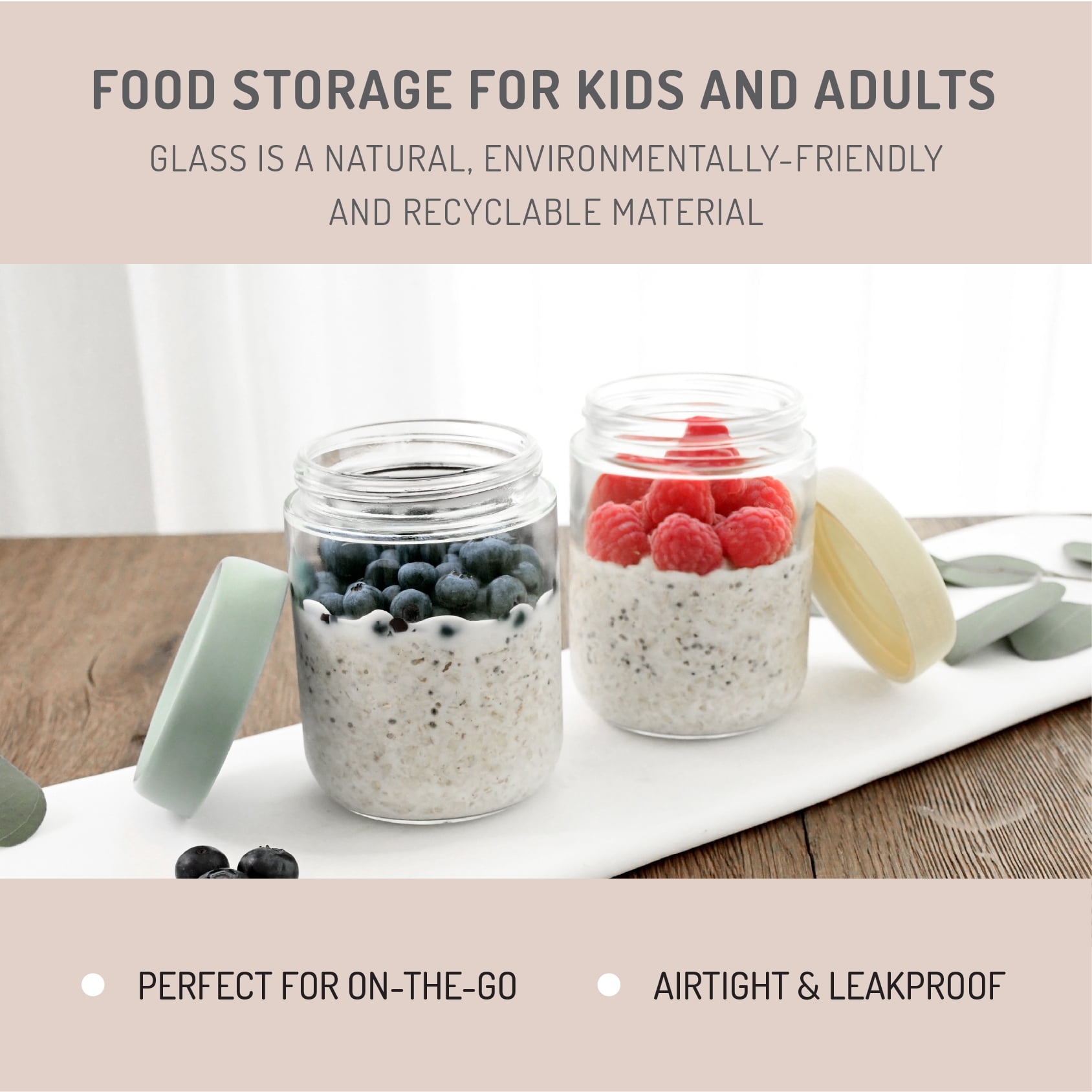 Melii Glass Overnight Oats Food Storage Container Set, 2 Pack, Ivory and Sage