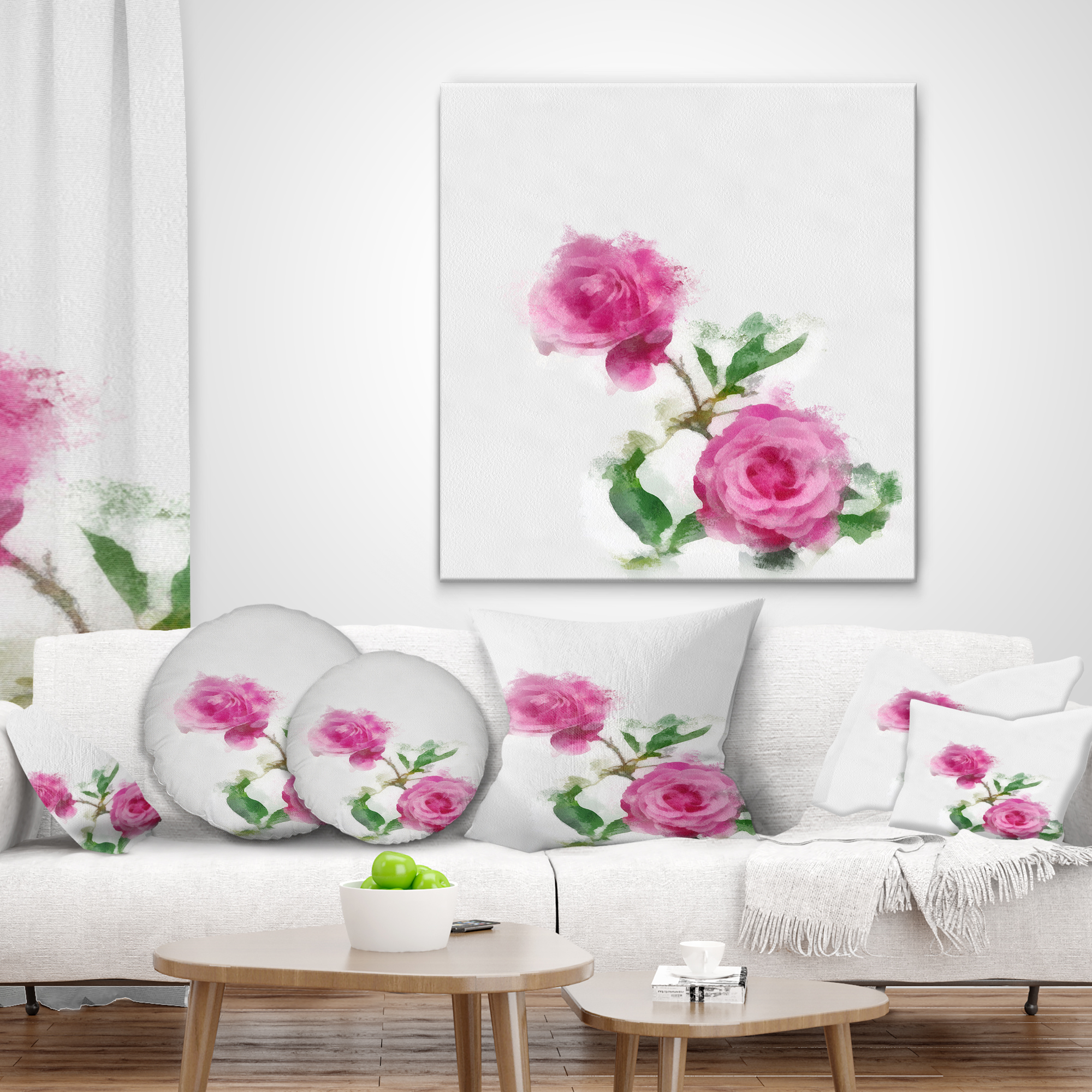 Designart Rose Stem with Pair of Roses - Floral Throw Pillow - 16x16
