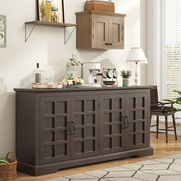 Frmobepts 70" Large Buffet Cabinet, Farmhouse Kitchen Buffet Storage Cabinet, 4-Doors Wood Sideboard Credenza with Adjustable Shelves, Dark Brown