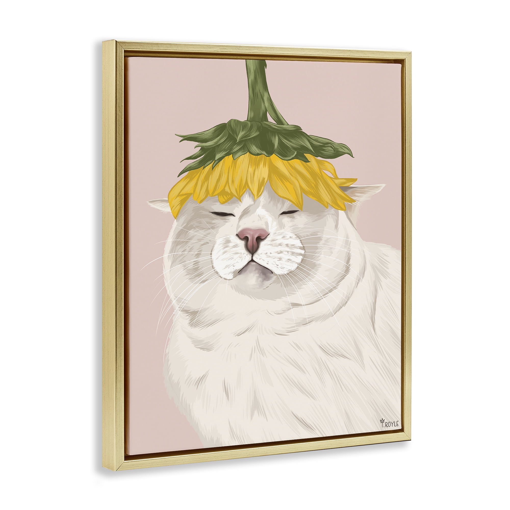 Stupell Industries Cat with Daisy on Head Animals & Insects Painting Gold Floater Framed Canvas Art Print Wall Art, 25 x 31