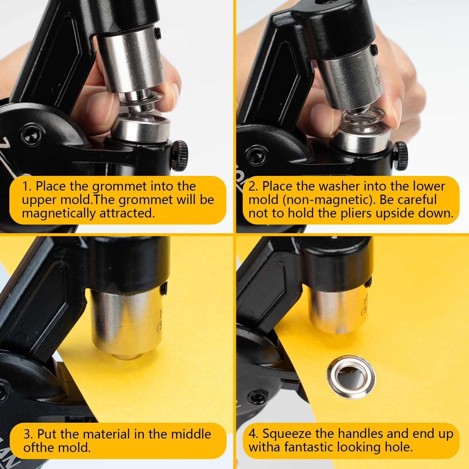 Heavy Duty Grommet Tool Kit Of 1/2" 5/16" And 3/8" Multi Size Handheld Eyelet Plier Rivet Press With 900 Grommets For Tarp Leather Fabric