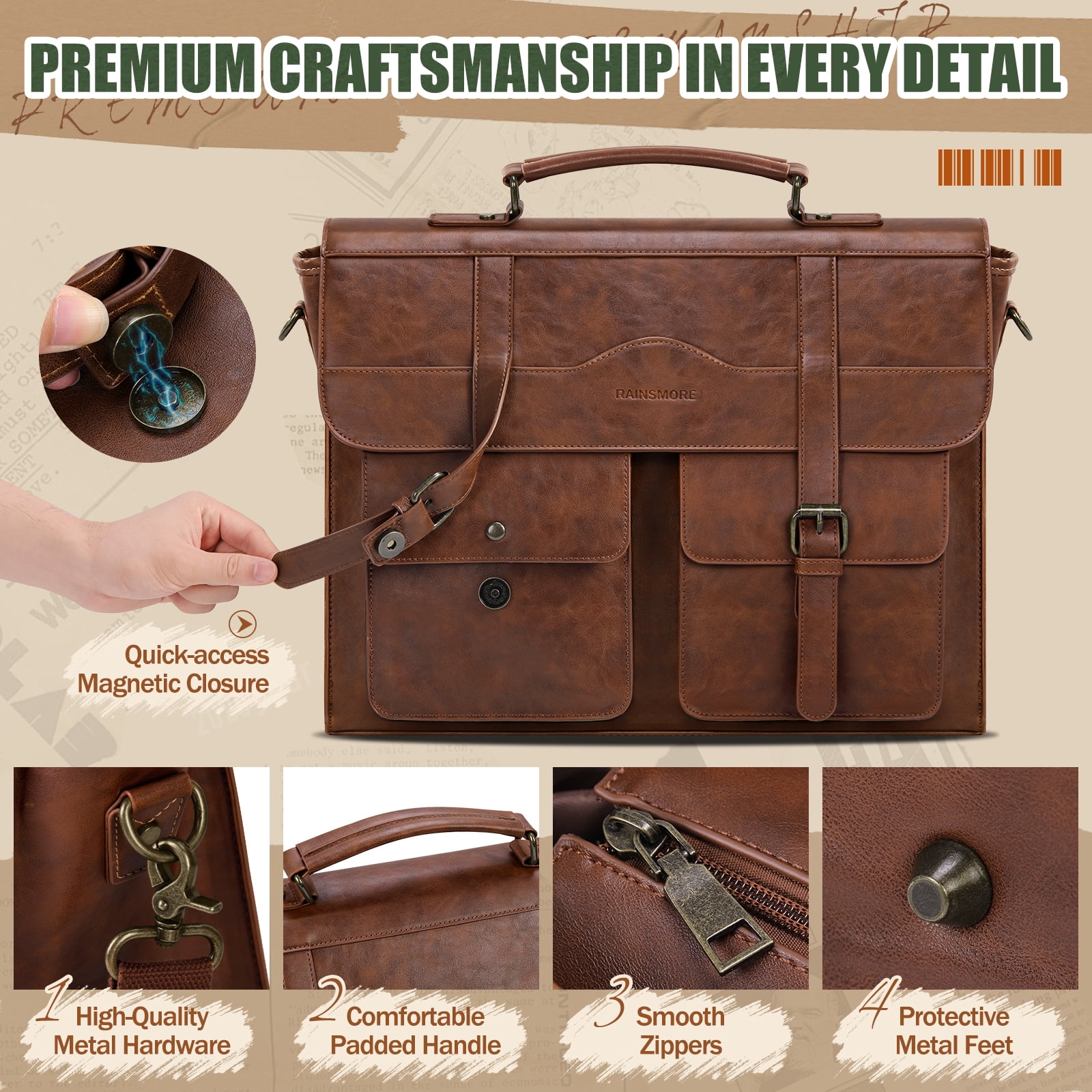 RAINSMORE Mens Messenger Bag 17 Inch Vintage Leather Laptop Bag Magnetic Closure Large Satchel Computer Briefcase Shoulder Bag,Brown