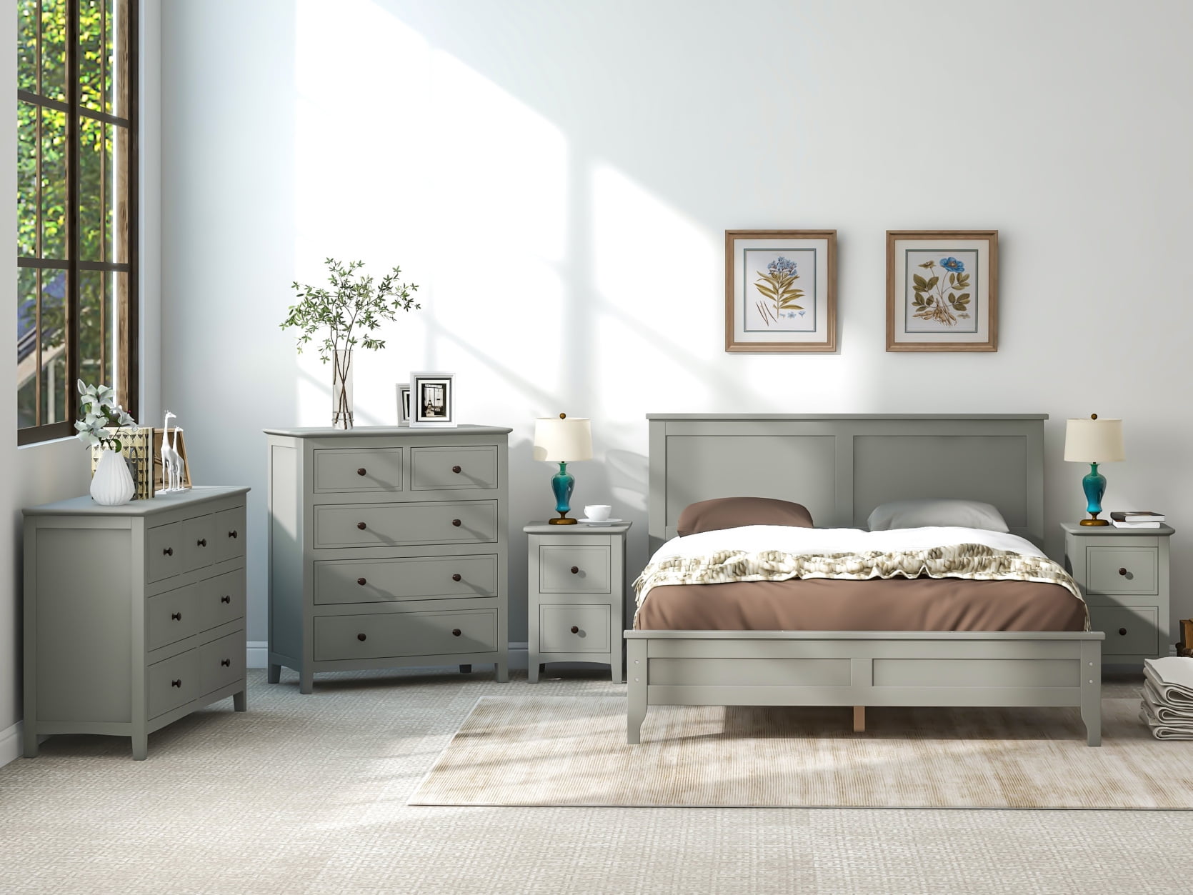 5 Piece Solid Wood Full Size Bedroom Set with Bed, 2 Nightstands, 7 ...