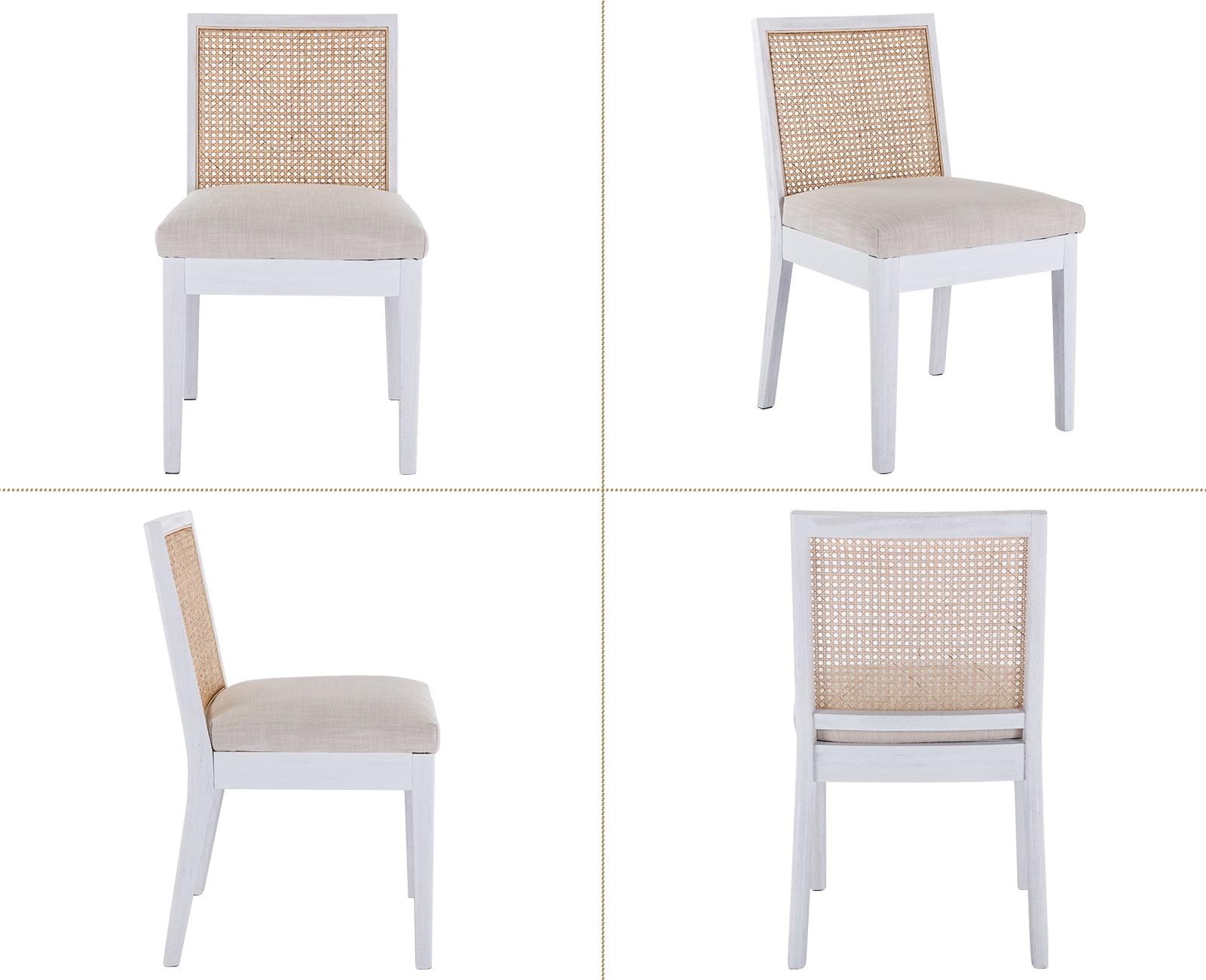 Dayalane Farmhouse Rattan Dining Chairs Set of 2, Mid Century Modern Dining Side Chairs with White Hardwood Frame, Linen Upholstered French Country Kitchen Chairs for Dining Room Bistro, Beige