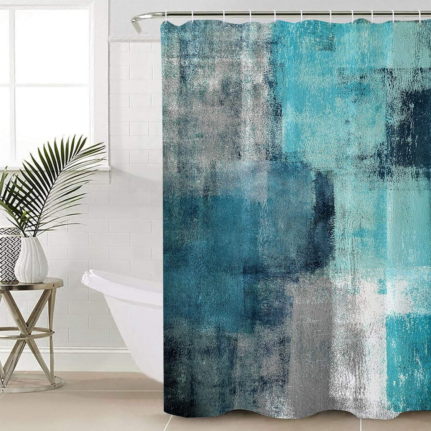 Turquoise Blue Grey Shower Curtain Lightweight Shower Curtains with 12 Hooks Turquoise and Grey Teal Abstract Art Painting Waterproof Bathroom Bath Curtain for Bathroom,Bathtub Decor 72 X 72 Inch
