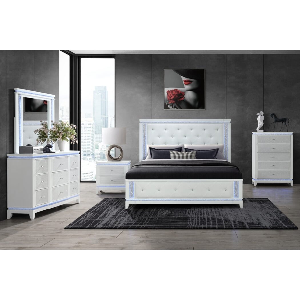 Global Furniture USA Alina Contemporary White Nightstand with LED and USB, 1 Pack