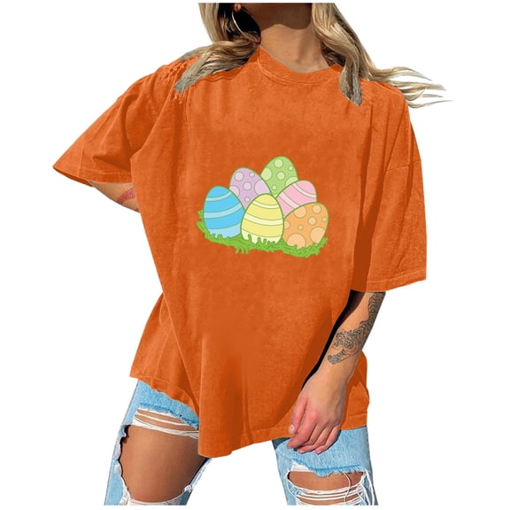 Wycnly Womens Summer Tops Short Sleeve Round Neck Easter Eggs Print Easter Shirts Breathable Ladies Oversized Pullover Tee Blouse Orange L