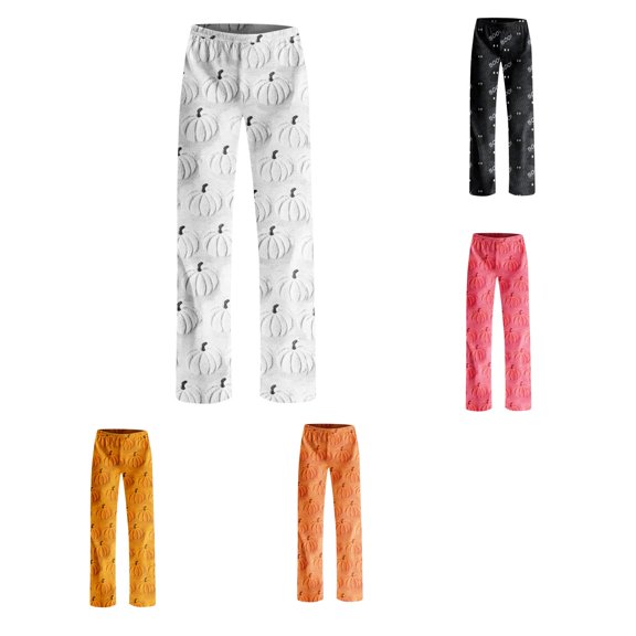 Satingcolo Women Pajama Pants Baggy Wide Leg Funny Pumpkin Halloween Pjs Pants Pumpkin Printed, Elastic Waist, Night Lounge Pants