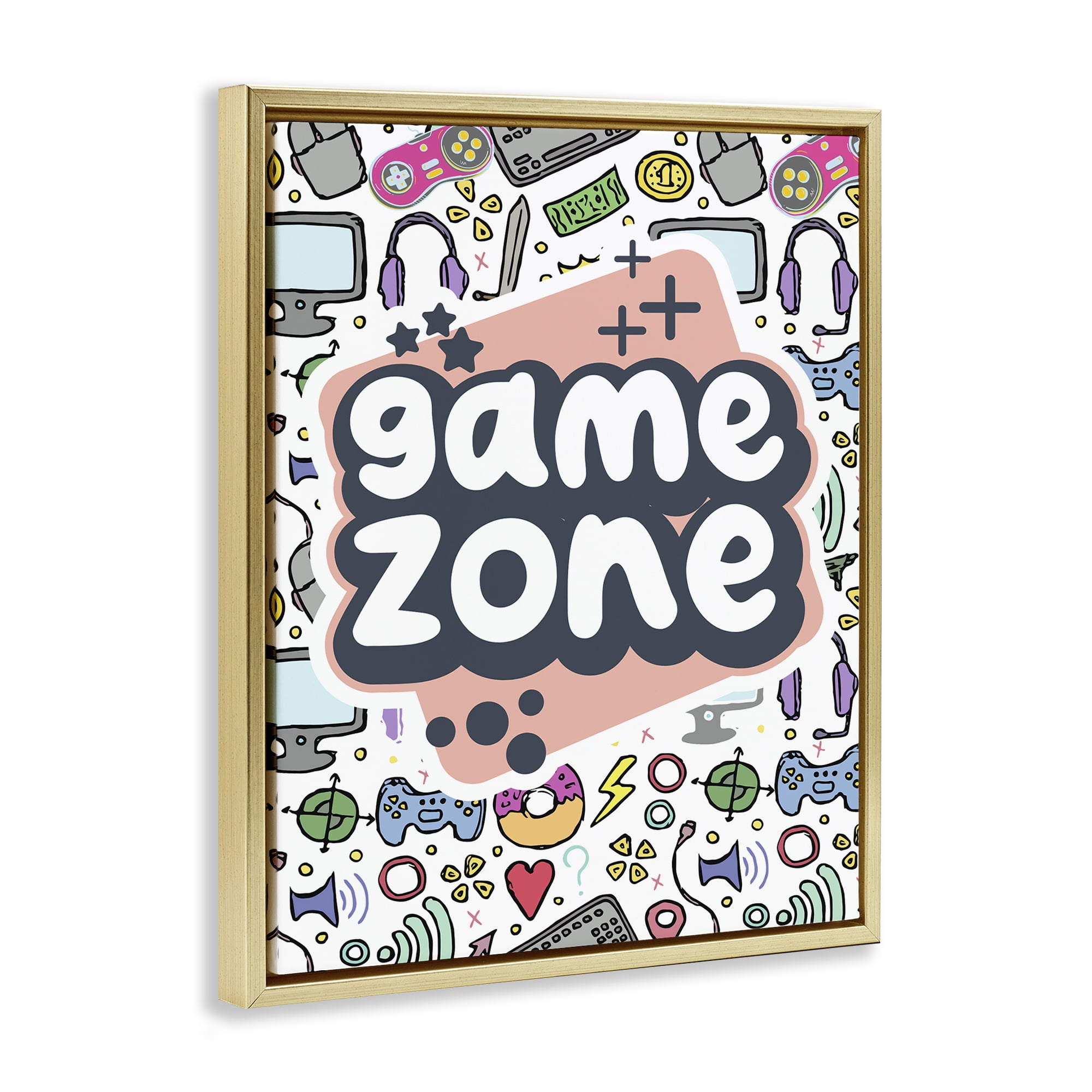 Stupell Industries Peach Game Zone Entertainment Painting Gold Floater Framed Canvas Art Print Wall Art, 17 x 21