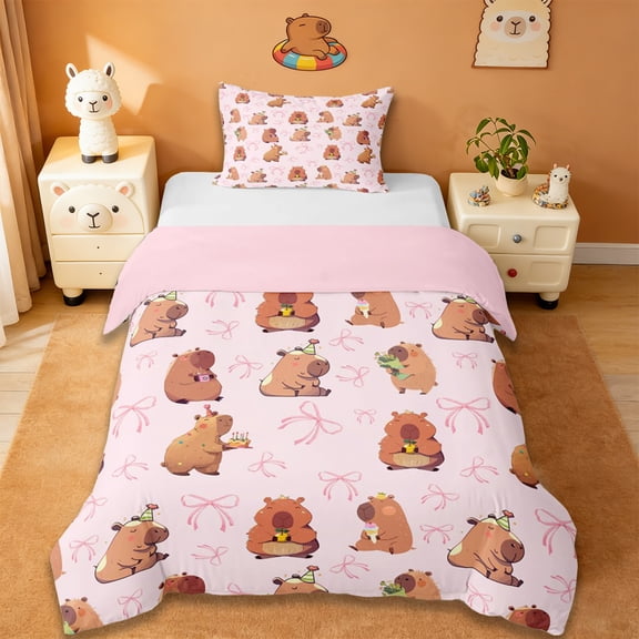 Erosebridal Brown Cartoon Capybaras Twin Bedding For Kids,Pink Bow Cute Bowknot Duvet Cover Set For Bowtie Girls ,Reversible Pink 2 Pieces,No Comforter
