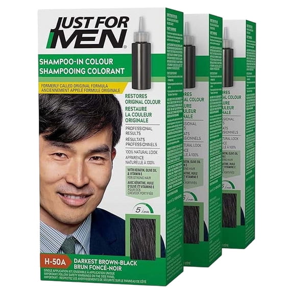 Just For Men Shampoo-In Color (Formerly Original Formula), Mens Hair Color with Keratin and Vitamin E for Stronger Hair - Darkest Brown-Black, H-50A, Pack of 3