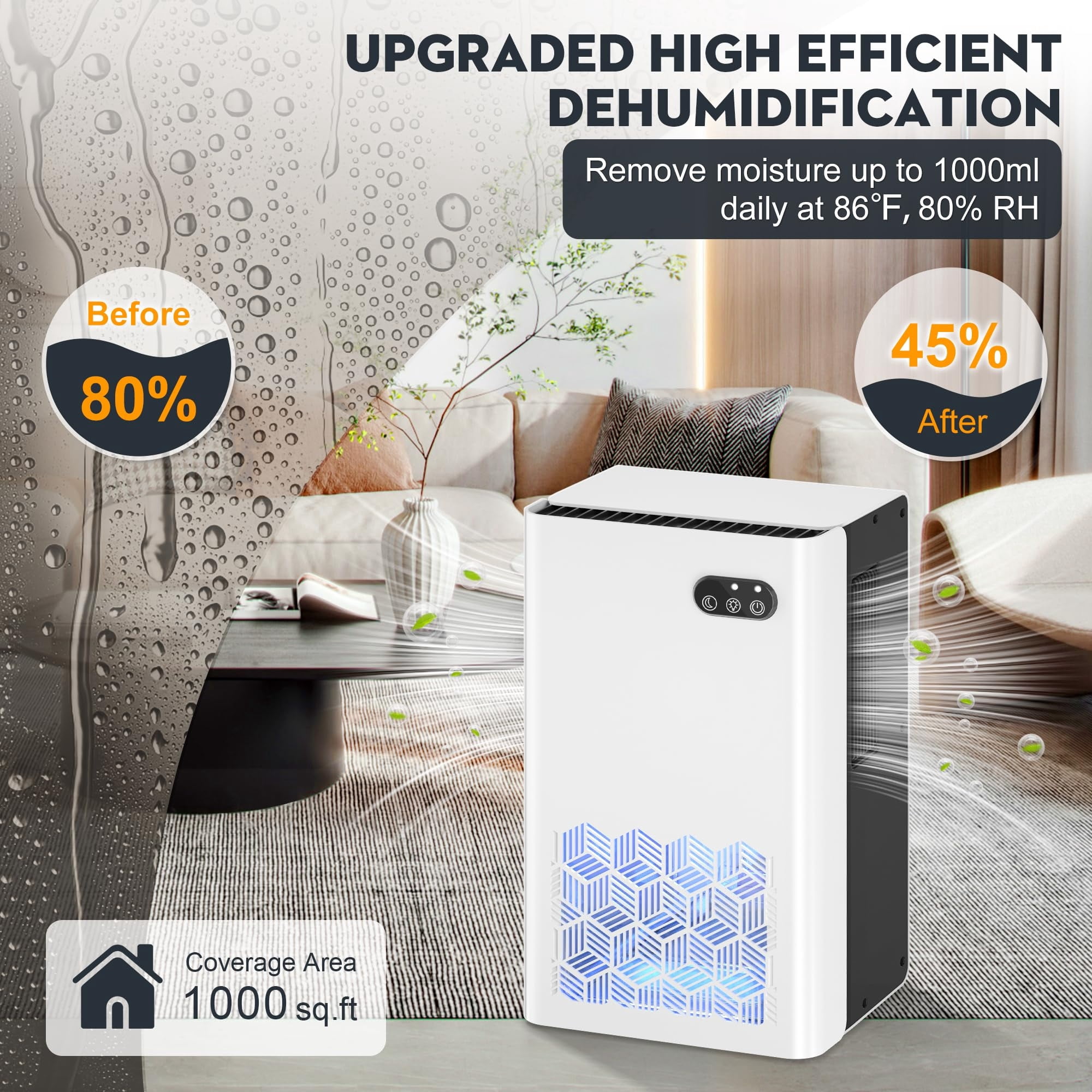 Dehumidifier, 95 OZ Water Tank, 950 sq.ft Dehumidifiers for Home Bedroom Basement Bathroom with Auto Shut Off, 7 Colors LED Light,White