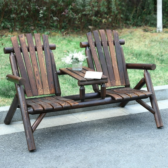 Outdoor Wood Adirondack Bench Chair with Center Table Rustic Patio Loveseat